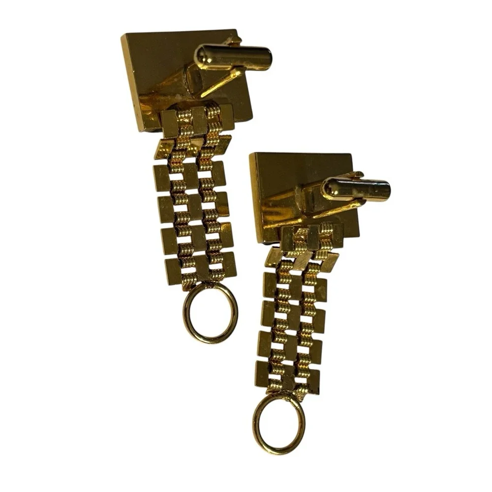 Vintage Cufflinks Black Lucite Wrap Around Gold‎ Tone Watch Band Style Chain